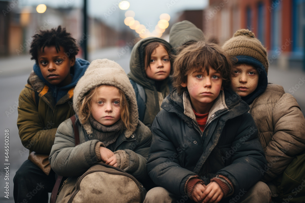 Fototapeta premium homeless children in street generative ai