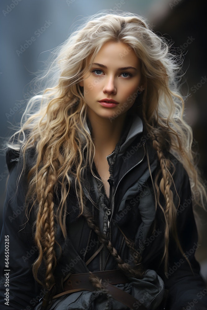 A portrait of a stunning model with long blonde hair and a black jacket. AI-generated image A portrait of a stunning model with long blonde hair and a black jacket. AI-generated image