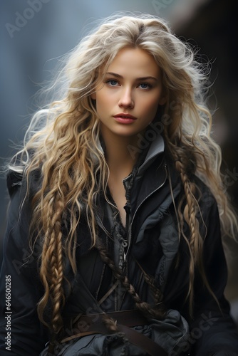 A portrait of a stunning model with long blonde hair and a black jacket. AI-generated image