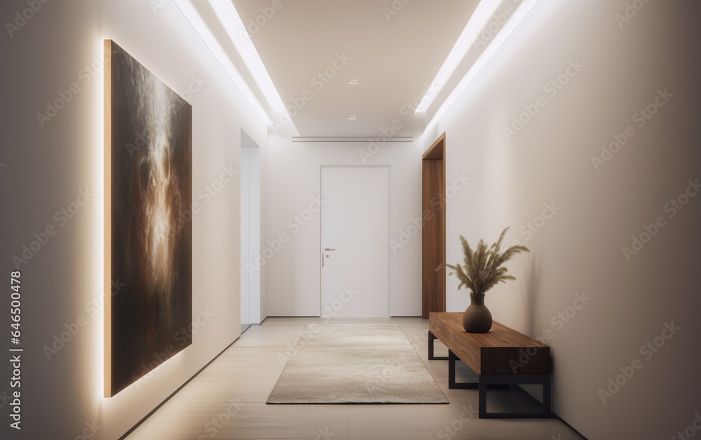 Obraz premium Minimalist hallway with a statement art piece and minimalistic interior. AI, Generative AI