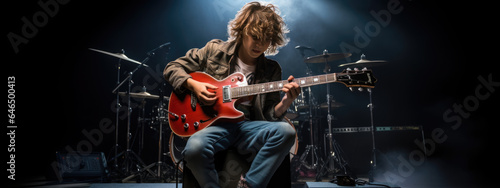 Teenage boy playing guitar on dark background © MP Studio
