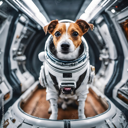 Star Dog Patron. Portrait of a brave pet in space suit with fantastic interior