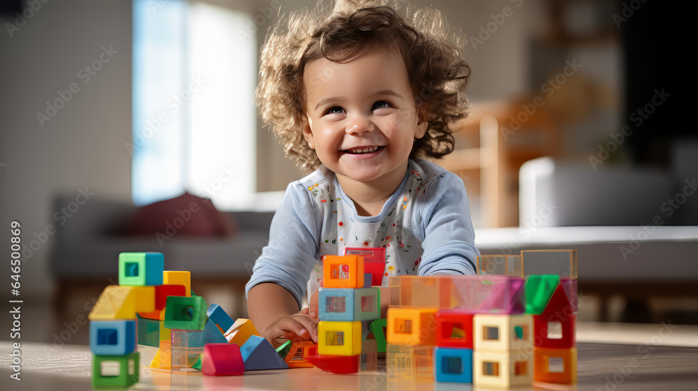 Brunette small child boy playing with colorful toy blocks, happy and smiling on blurred background of children's room Brunette small child boy playing with colorful toy blocks, happy and smiling on blurred background of children's room