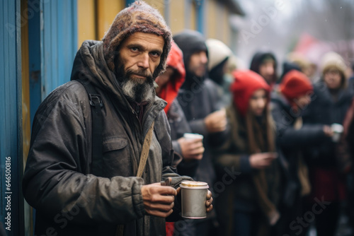 the homeless and the poor lined up for humanitarian aid and food generative ai