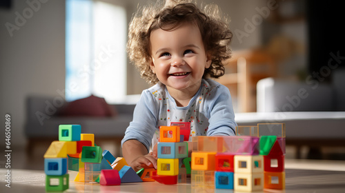 Brunette small child boy playing with colorful toy blocks, happy and smiling on blurred background of children's room