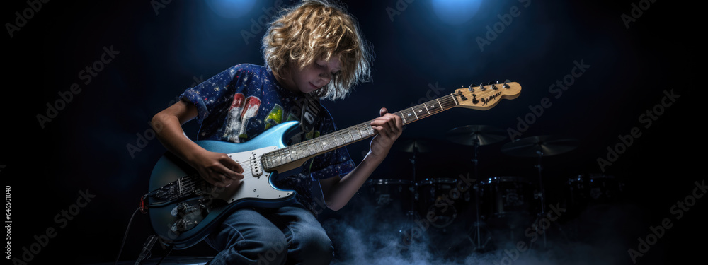 Teenage boy playing guitar on dark background - obrazy, fototapety, plakaty 