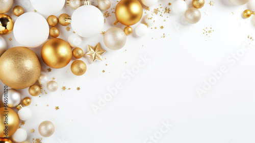 Christmas frame with golden and white christmas balls and copy space