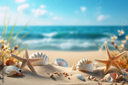 Tropical Beach Mockup with Seashells and Starfish on Seaside Sands, Capturing the Essence of a Relaxing Summer Vacation Getaway by the Sea. created with Generative AI
