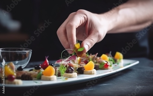 Modern food stylist decorating meal for presentation. AI  Generative AI