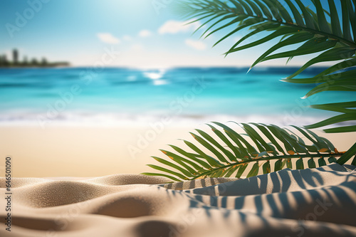 Tropical sea beach mockup template and palm leaf on seaside background for SPF cream protection. created with Generative AI