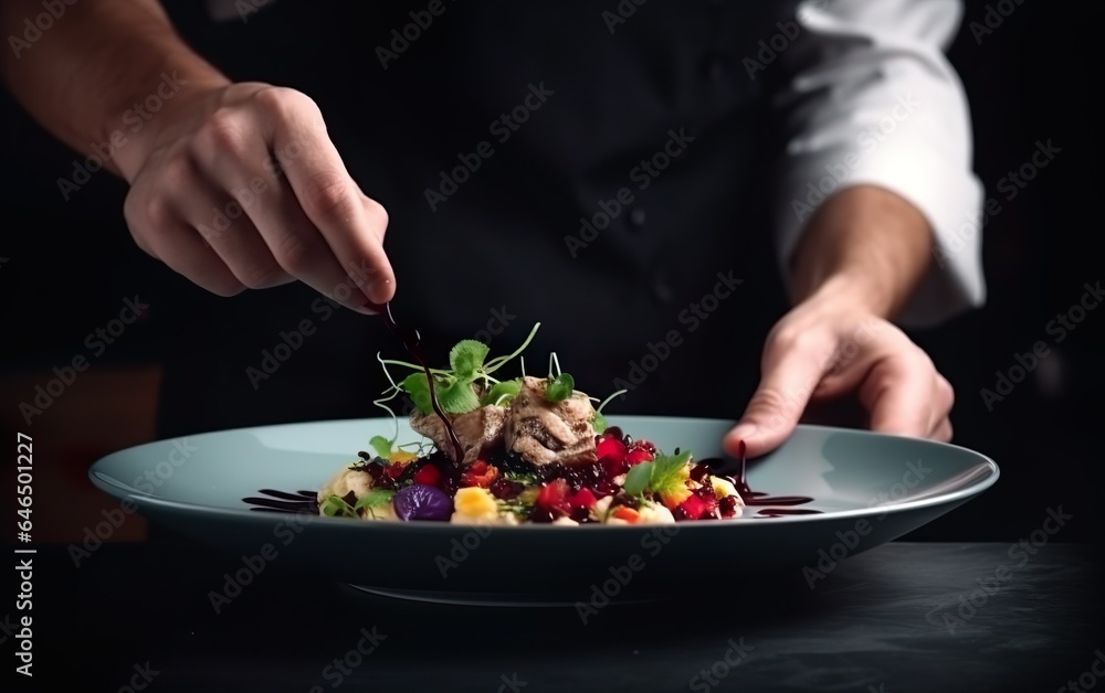 Modern food stylist decorating meal for presentation. AI, Generative AI