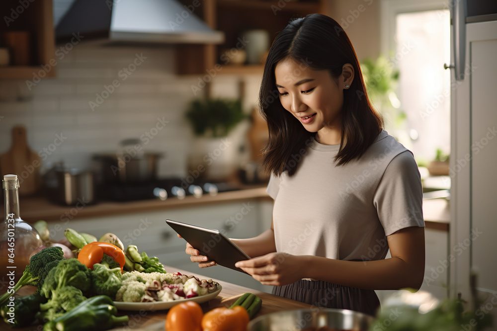 Asian Culinary Expertise Woman Mastering a Delicious Meal with Precision, Guided by Digital Tablet Recipe in Her Kitchen. created with Generative AI