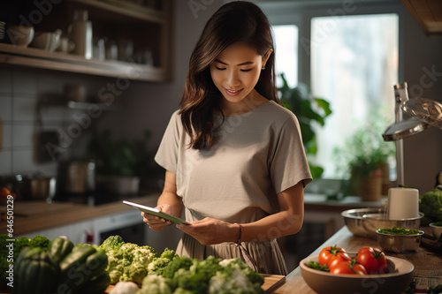 Asian Culinary Expertise Woman Mastering a Delicious Meal with Precision, Guided by Digital Tablet Recipe in Her Kitchen. created with Generative AI © photobuay