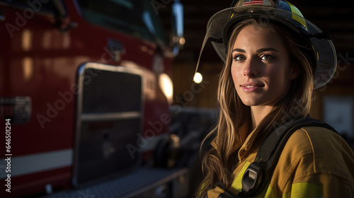 Firefighter portrait on duty. Photo of female fireman near fire engine