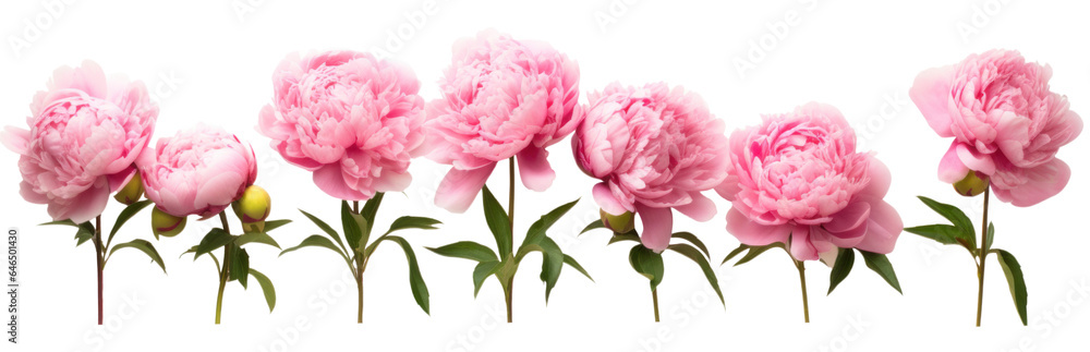 row of pink peonies flower , png file of isolated cutout object on transparent background.
