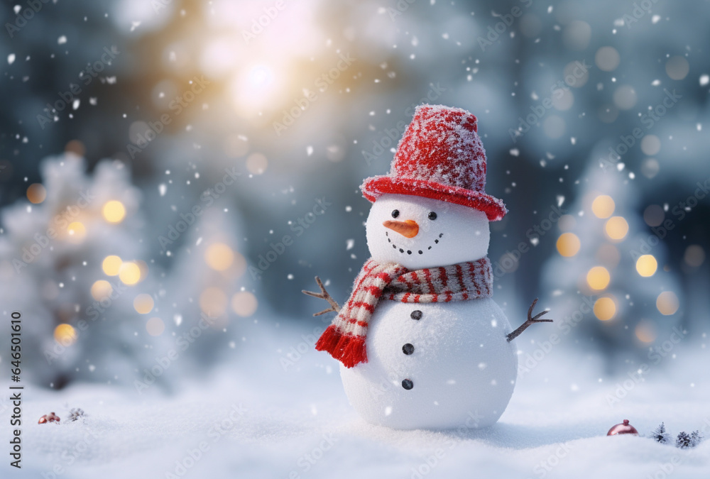 Happy snowman in winter scenery, Merry Christmas background, copy space, greeting card