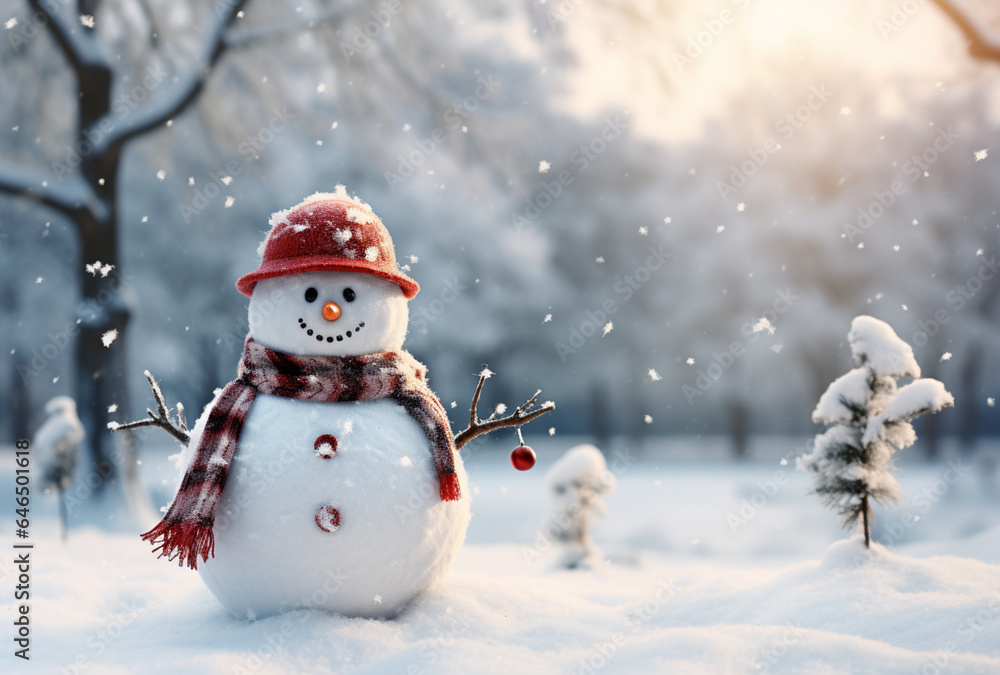 Happy snowman in winter scenery, Merry Christmas background, copy space, greeting card