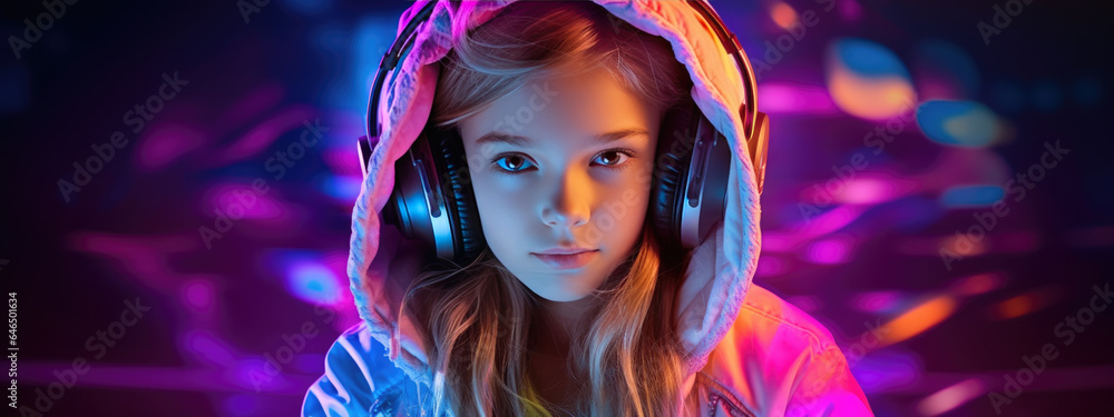 Little girl in neon lights wearing headphones and listening to her favorite music. Little girl in neon lights wearing headphones and listening to her favorite music.