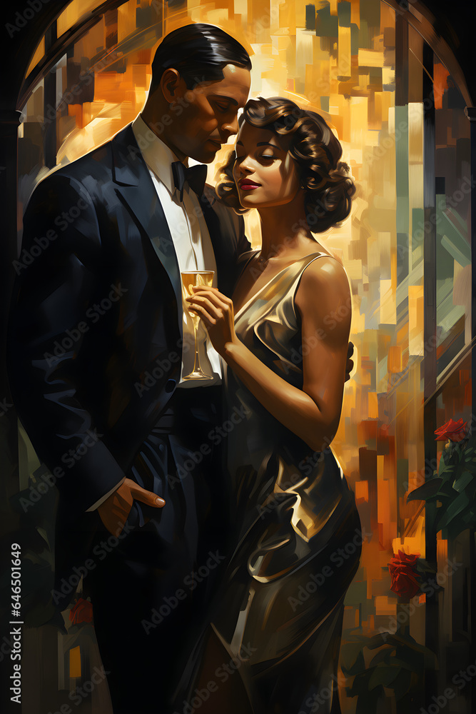 Portrait of a happily married couple at a party, expressing love, Art-Deco style, AI-generated image Portrait of a happily married couple at a party, expressing love, Art-Deco style, AI-generated image