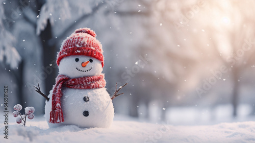 Happy snowman in winter scenery, Merry Christmas background, copy space, greeting card © AlexCaelus