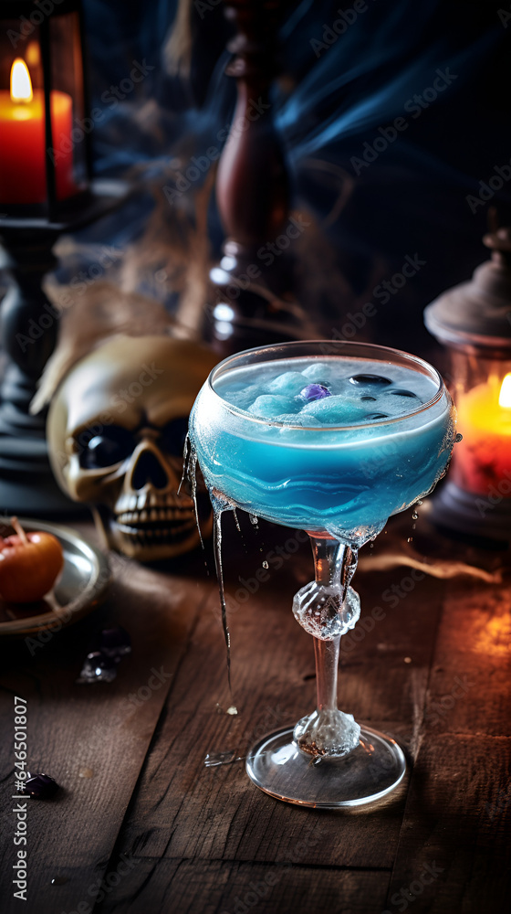 Blue spooky drink with Halloween decoration. Seasonal drink in high cocktail glass with skull on background.
