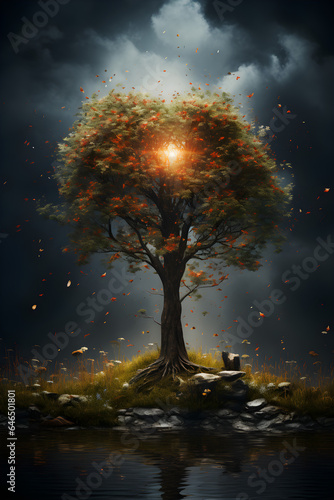 A tree at night with light in the middle, dark clouds in the background, symbolizes love and first sight, AI-generated image