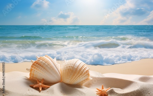 Sandy beach with blue ocean view. Beautiful shells and starfish in front on the sand. Paradise island shore, summer background. © Alina