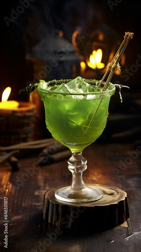 Green spooky drink decorated with sticks. Seasonal drink in cocktail glass on wooden table.