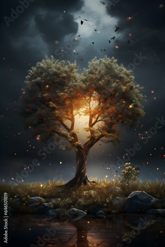A tree at night with light in the middle, dark clouds in the background, symbolizes love and first sight, AI-generated image