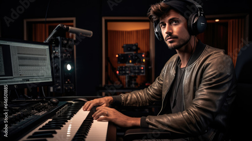 Portrait of Audio Engineer Working in Music Recording Studio, Uses Mixing Board Create Modern Sound.