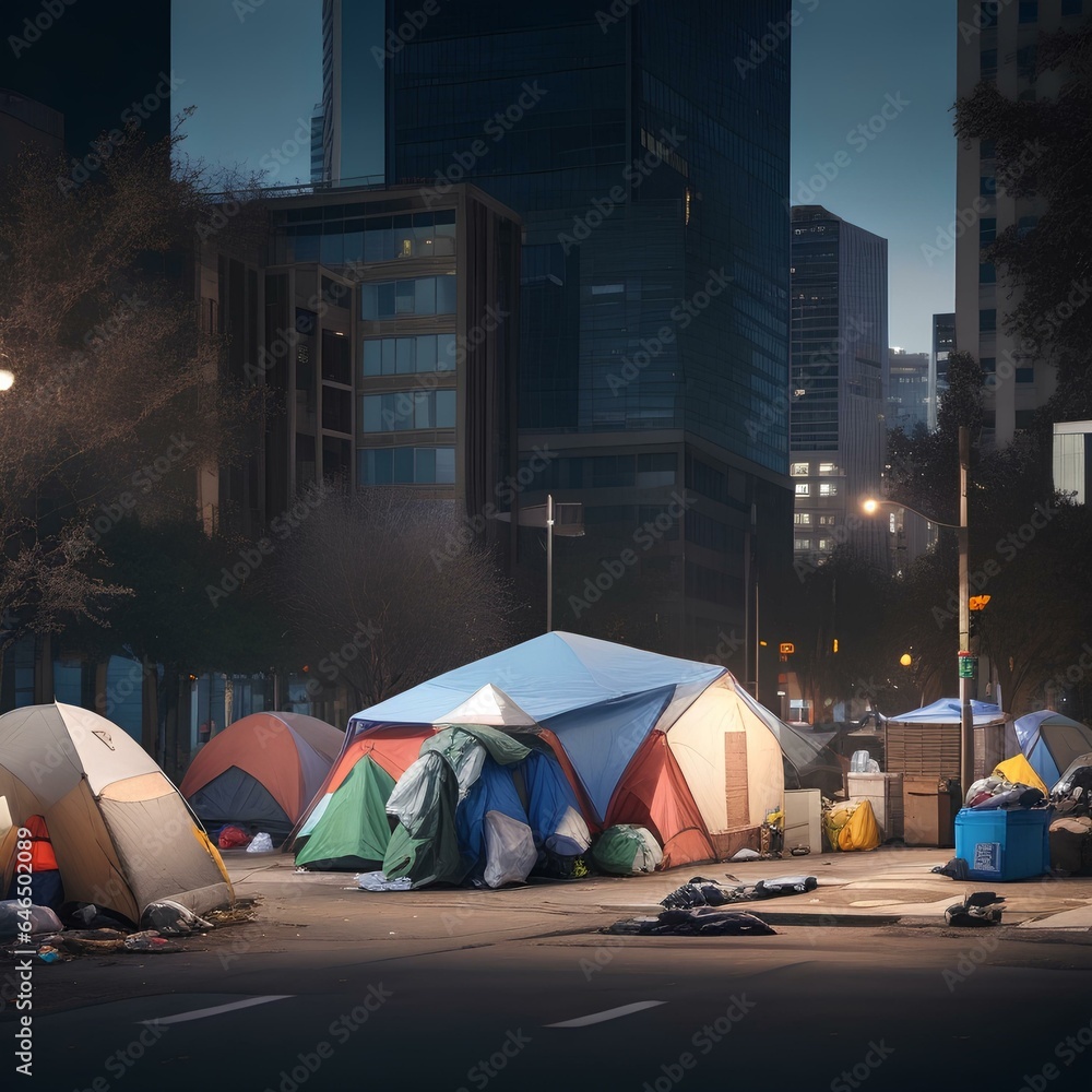 Homeless encampment in an downtown area of a major city with tents and cardboard boxes - obrazy, fototapety, plakaty 