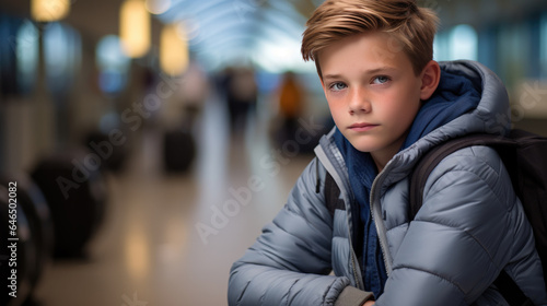 Portrait of a boy sitting on the seats in the airport waiting area
