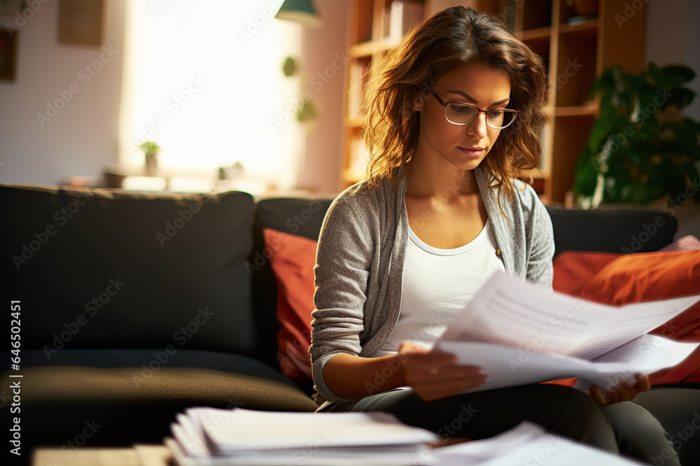 Financial Responsibility at Home Woman Attentively Reviewing Bills, Contracts, and Documents, Managing Personal Finances and Debt. created with Generative AI Financial Responsibility at Home Woman Attentively Reviewing Bills, Contracts, and Documents, Managing Personal Finances and Debt. created with Generative AI