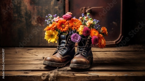 Bunte Blumen in einem Paar alte Wanderstiefel aus Leder auf rustikalem Holzboden, Naturverbundenheit