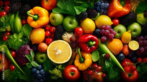 Vegetables and fruits background  16 9  copy space