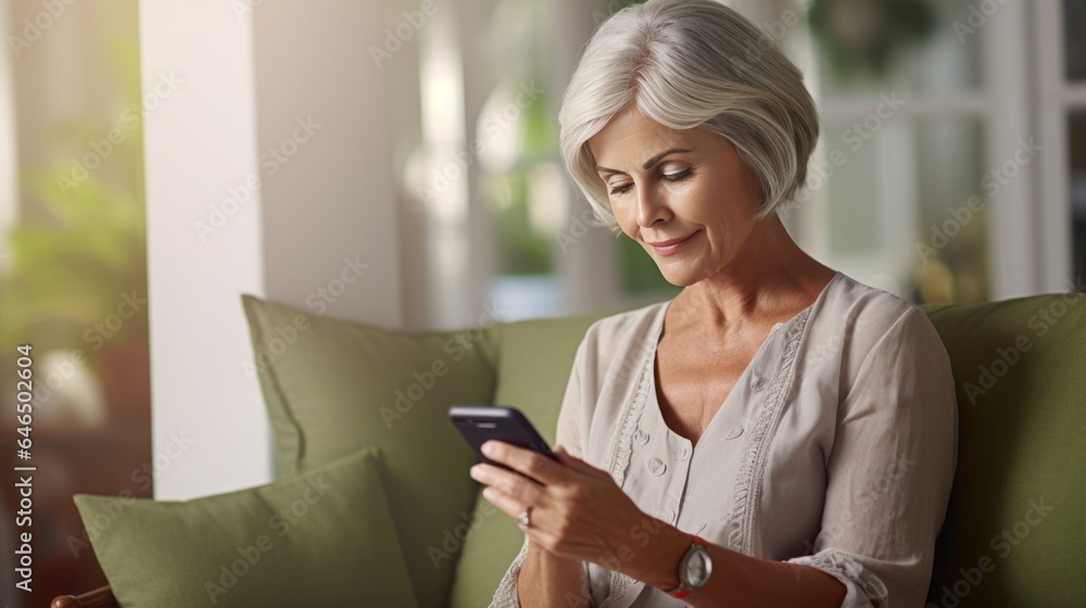 Relaxed mature old 60s woman, older middle aged female customer holding smartphone using mobile app, sitting on the couch, 16:9 Relaxed mature old 60s woman, older middle aged female customer holding smartphone using mobile app, sitting on the couch, 16:9
