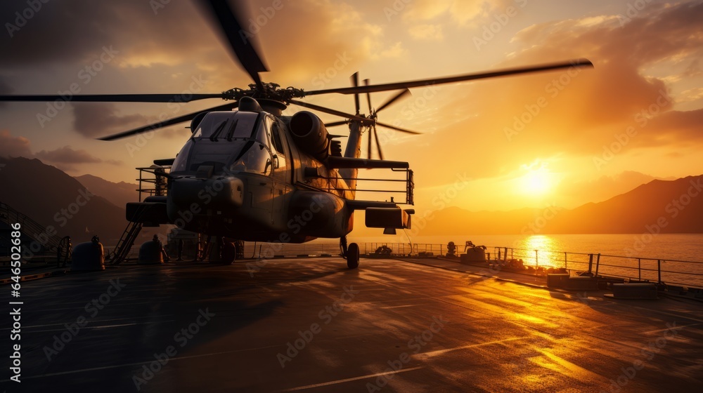 Combat helicopter on the deck of a battleship, sunset in the background, 16:9, copy space Combat helicopter on the deck of a battleship, sunset in the background, 16:9, copy space