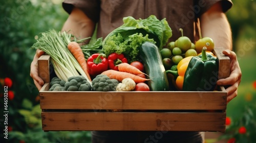 farmer holding wooden box full of fresh vegetables. harvesting season. basket with vegetables in the hands of a farmer background, healthy, organic, food, agriculture