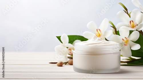 whitening and moisturizing Face cream in an open glass jar and flowers on white background. Set for spa  skin care and body products and solutions for skin problems such as scars  acne  wrinkles..