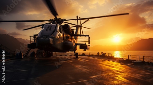 Combat helicopter on the deck of a battleship, sunset in the background, 16:9, copy space