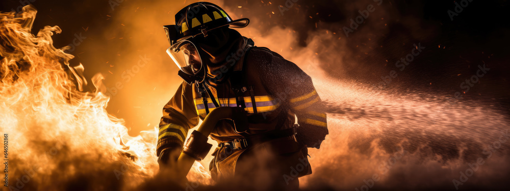 Portrait of a firefighter in equipment. Firemen using water from hose for fire fighting. Portrait of a firefighter in equipment. Firemen using water from hose for fire fighting.