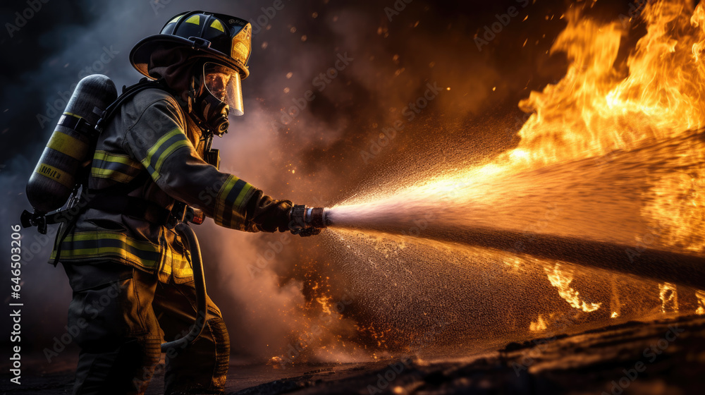 Fototapeta premium Portrait of a firefighter in equipment. Firemen using water from hose for fire fighting.