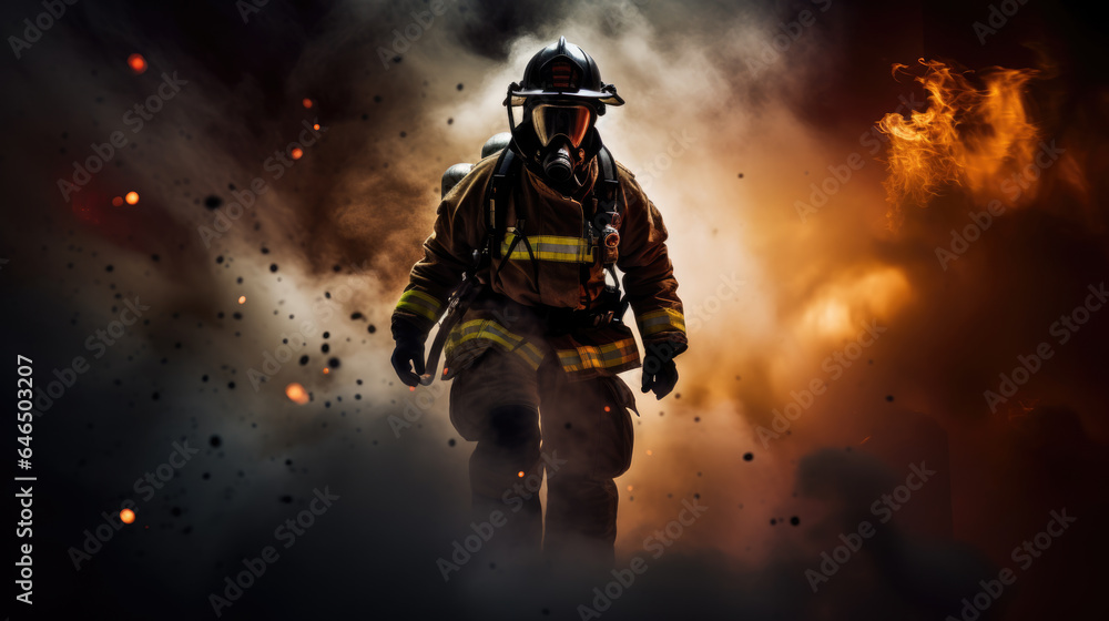 Portrait of a male firefighter in equipment against the smoke from the fire Portrait of a male firefighter in equipment against the smoke from the fire