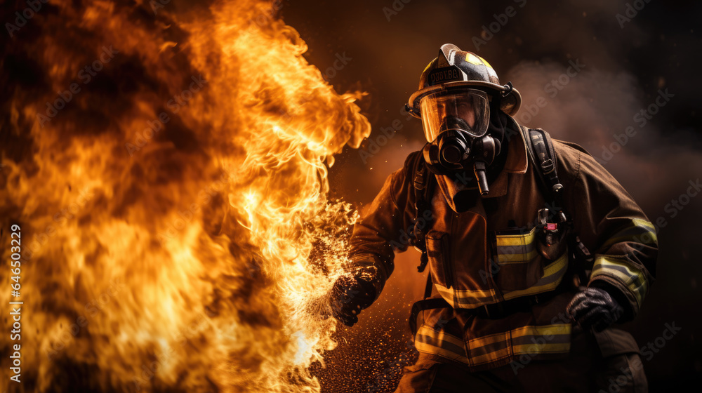 Portrait of a firefighter in equipment. Firemen using water from hose for fire fighting. Portrait of a firefighter in equipment. Firemen using water from hose for fire fighting.