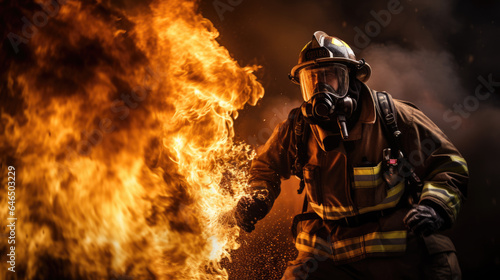 Portrait of a firefighter in equipment. Firemen using water from hose for fire fighting.