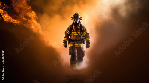 Portrait of a male firefighter in equipment against the smoke from the fire