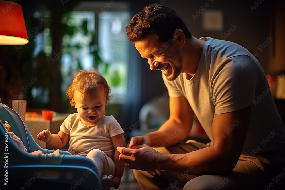 Candid Father Juggling Household Chores and Baby Care, Revealing the Humorous Side of Parenthood. created with Generative AI Candid Father Juggling Household Chores and Baby Care, Revealing the Humorous Side of Parenthood. created with Generative AI