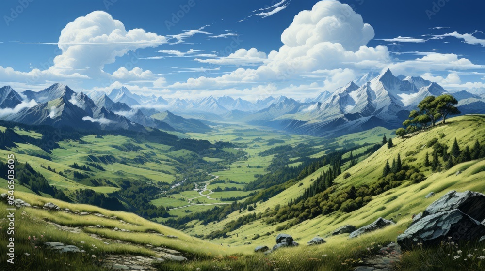 Captivating Alpine Serenity: Mesmerizing Panoramic Views of Majestic Mountains, Crystal-clear Skies, and Lush Nature, generative AI