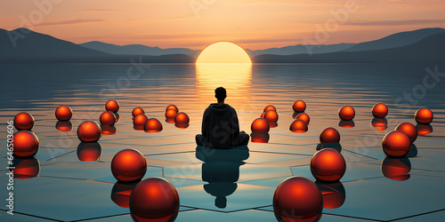 Sitzender Mann auf dem Wasser mit Sonnenaufgang beim Yoga mit roten Kugeln im Querformat für Banner, ai generativ