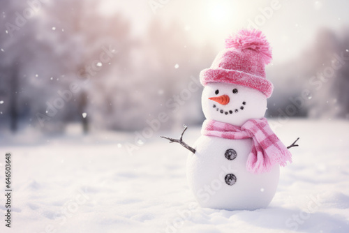 Christmas Theme Background with Cute Snowman Wearing Pink Hat and Scarf Generative AI